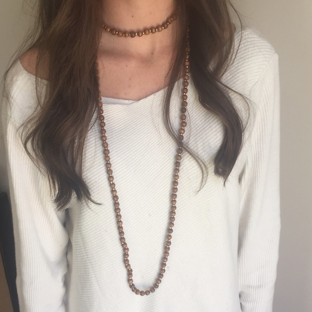 Long Choker Wrap Necklace Brown and Gold beads