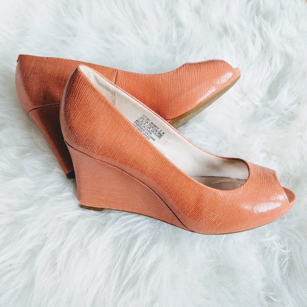 Coral Peep Toe Wedges