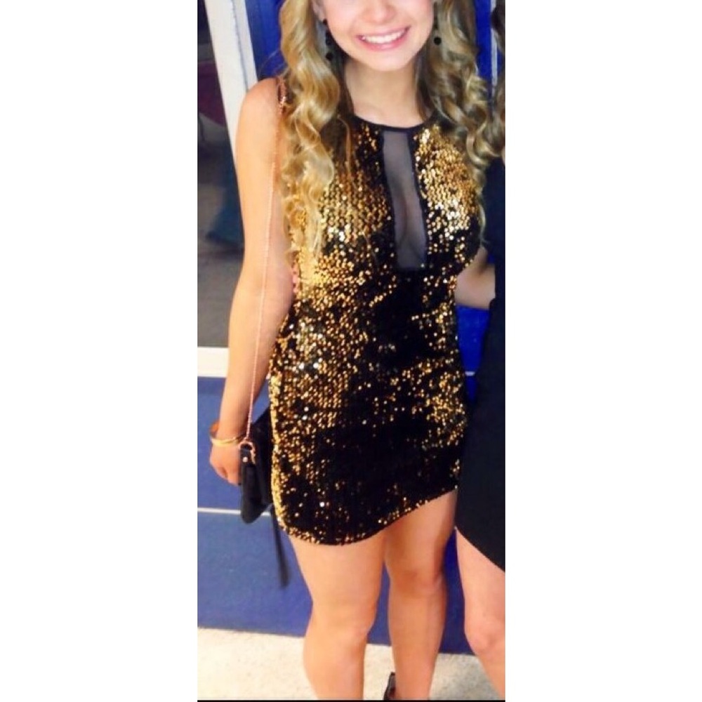 Gold Sequin Mini Dress with MESH Cut Out