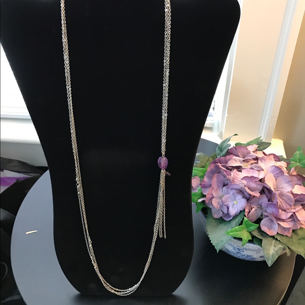 Silver 15" Purple stone necklace with tassel. EUC!