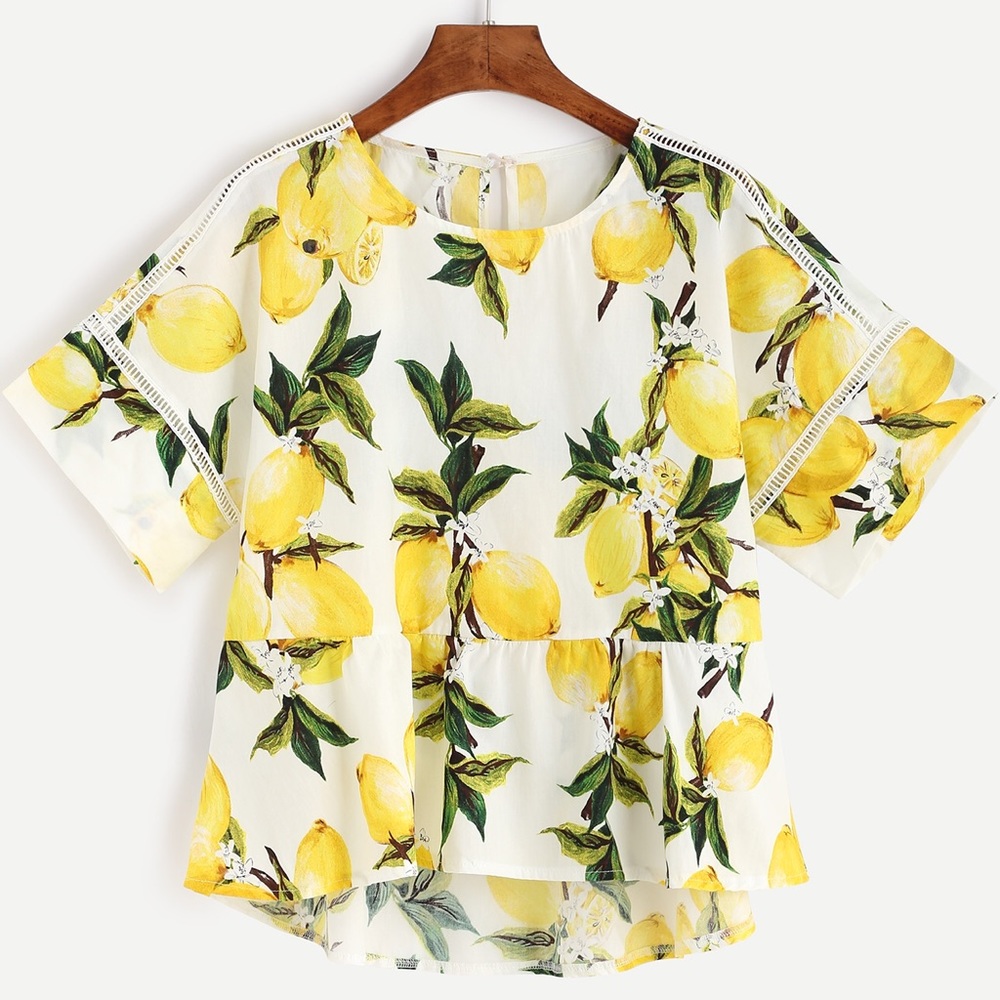 Lemon Print Peplum Lace Blouse