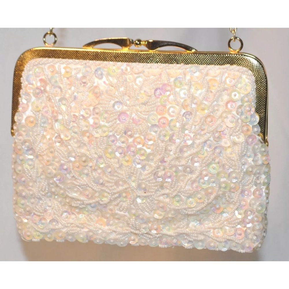 Vintage 1950s White Beaded Sequined 
Purse Handbag