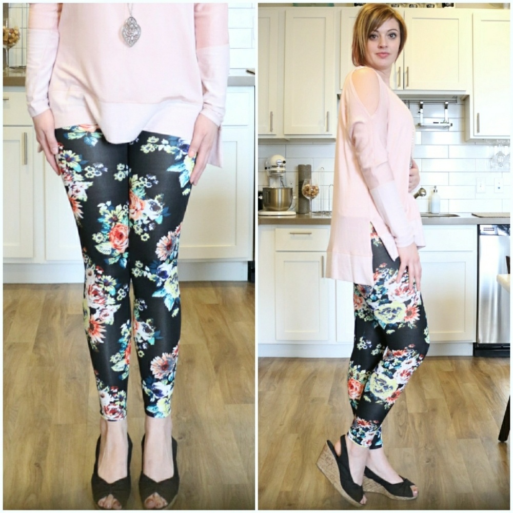 •Leggings Sale•  Black Floral Print Leggings - Picture 2 of 5
