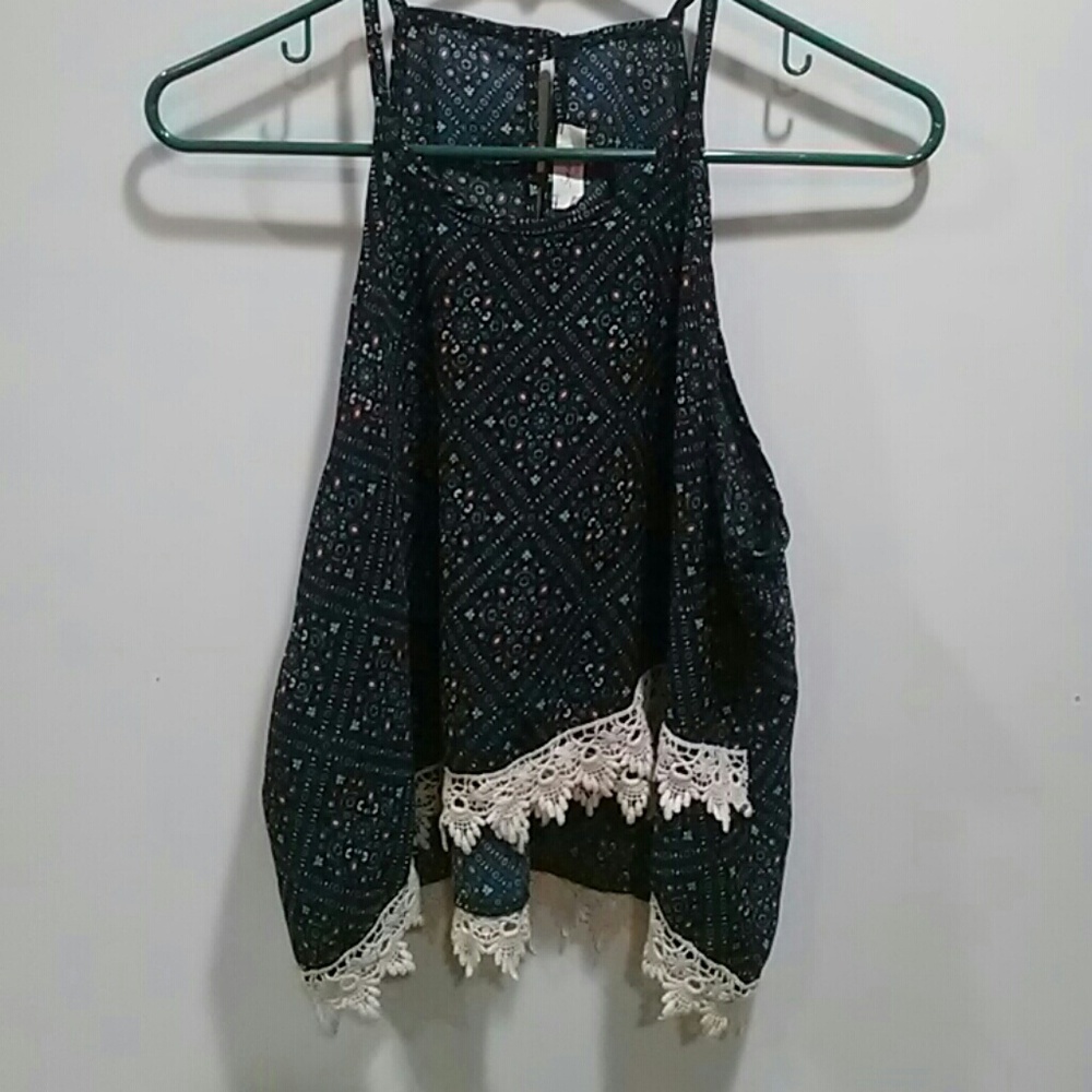 patterned navy blue crop top with crochet detail