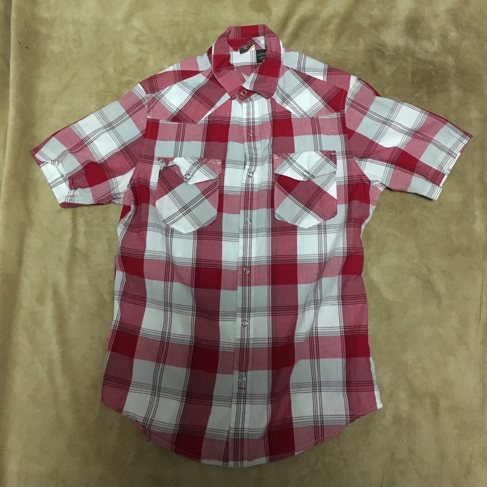 Red plaid short sleeve button down