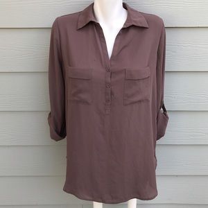 Pleione Brown Chiffon Half Button Blouse Pleione Brown Chiffon Half Button Blouse
