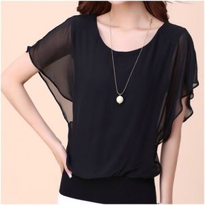 Chiffon ruffle batwing short sleeve blouse black.