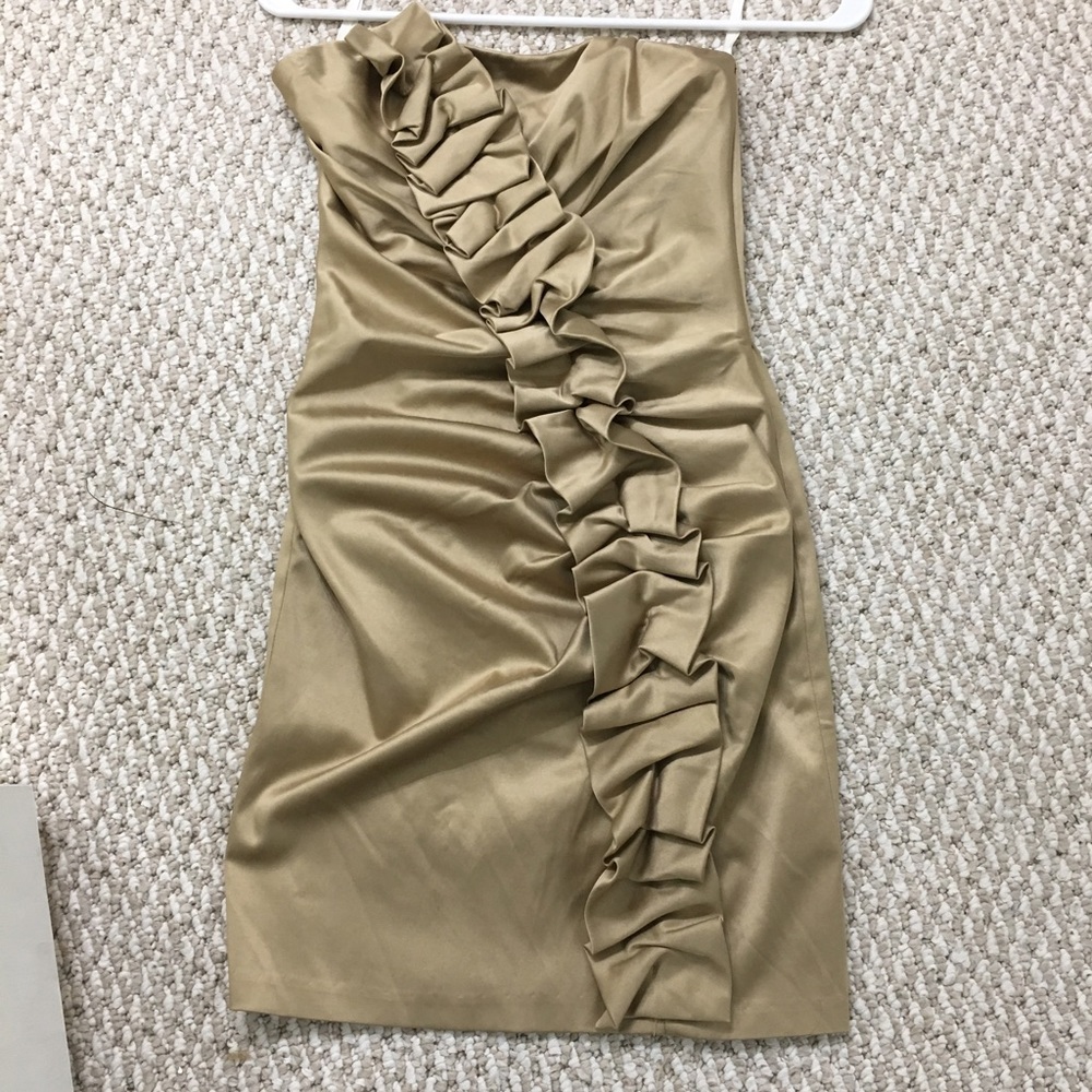 Gold ruffle detail satin semi formal mini dress