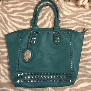 Beautiful turquoise/teal leather studded Bebe tote