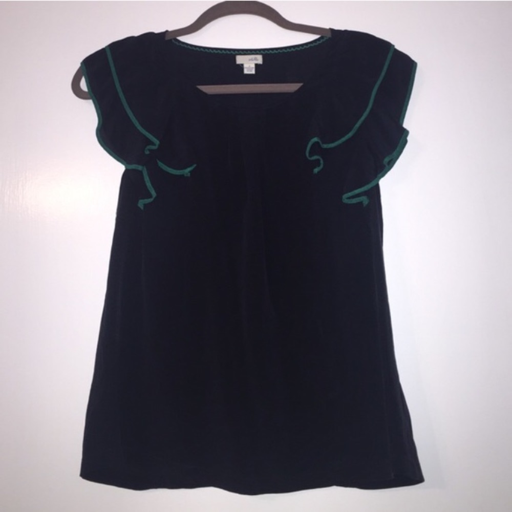 Anthropologie, Flowy Navy Blouse w/ Green Trim