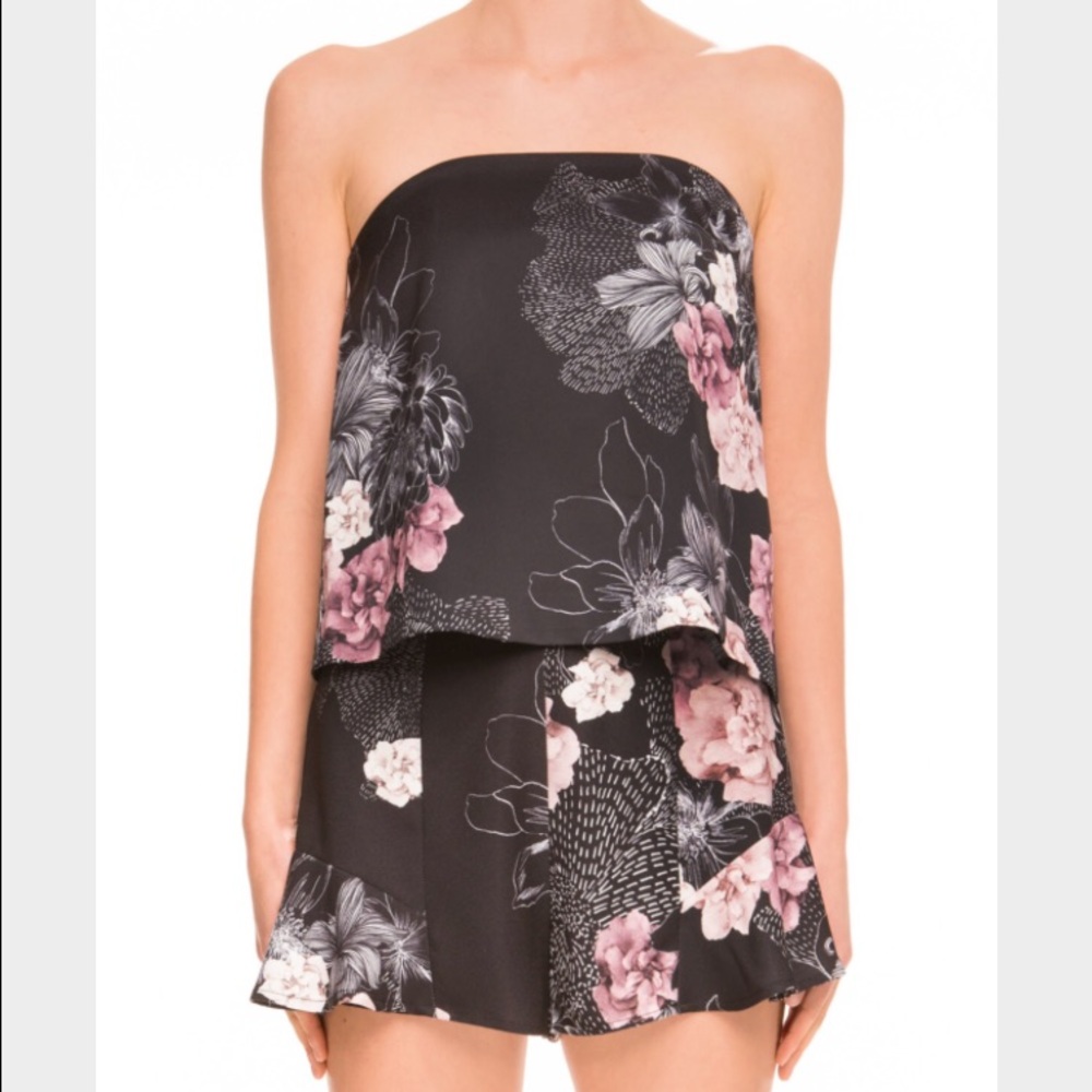Keepsake strapless floral pink and charcoal top