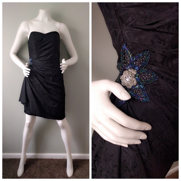 Vintage 90s Emily Daniell Silk Beaded Bustier Side Drape Bodycon Minidress S M - Picture 1 of 6
