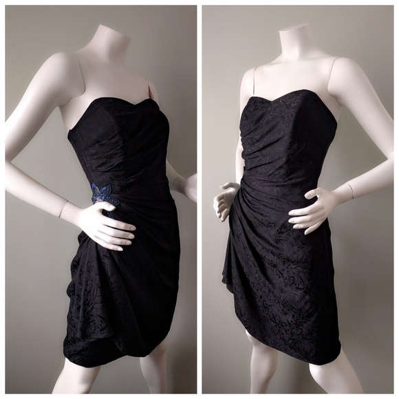 Vintage 90s Emily Daniell Silk Beaded Bustier Side Drape Bodycon Minidress S M - Picture 2 of 6