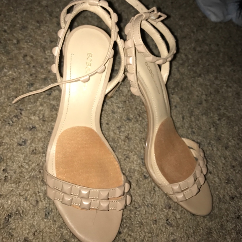 BCBG nude strappy leather studded heels