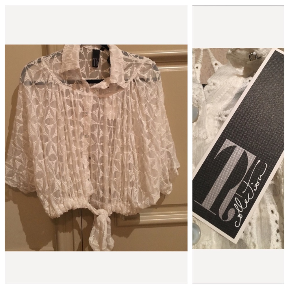 Embroidered lace cream colored button down blouse
