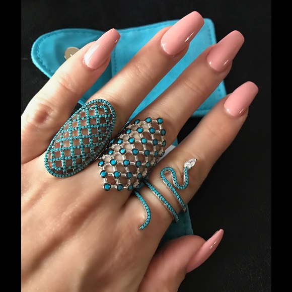 Turquoise CZ Sterling Silver Mesh Ring - Picture 2 of 2