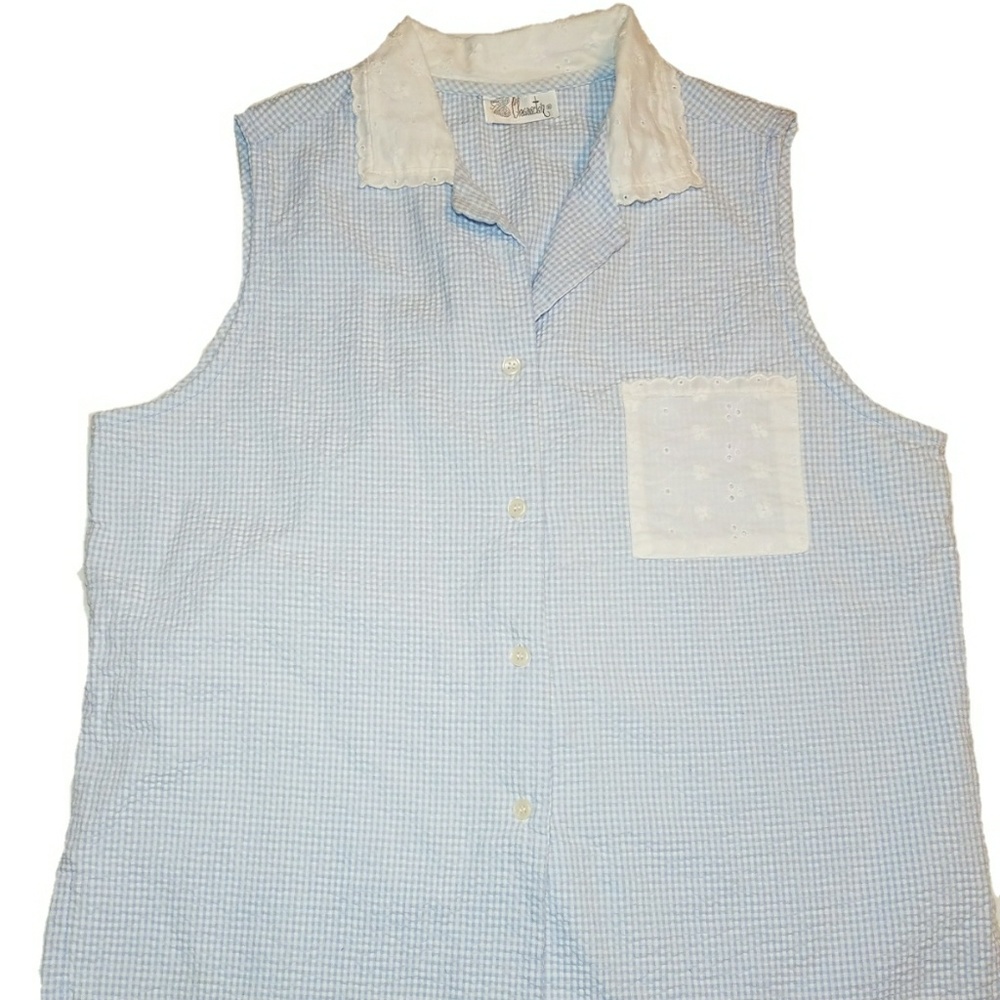 Blue & white Seersucker Sleeveless top with Lace