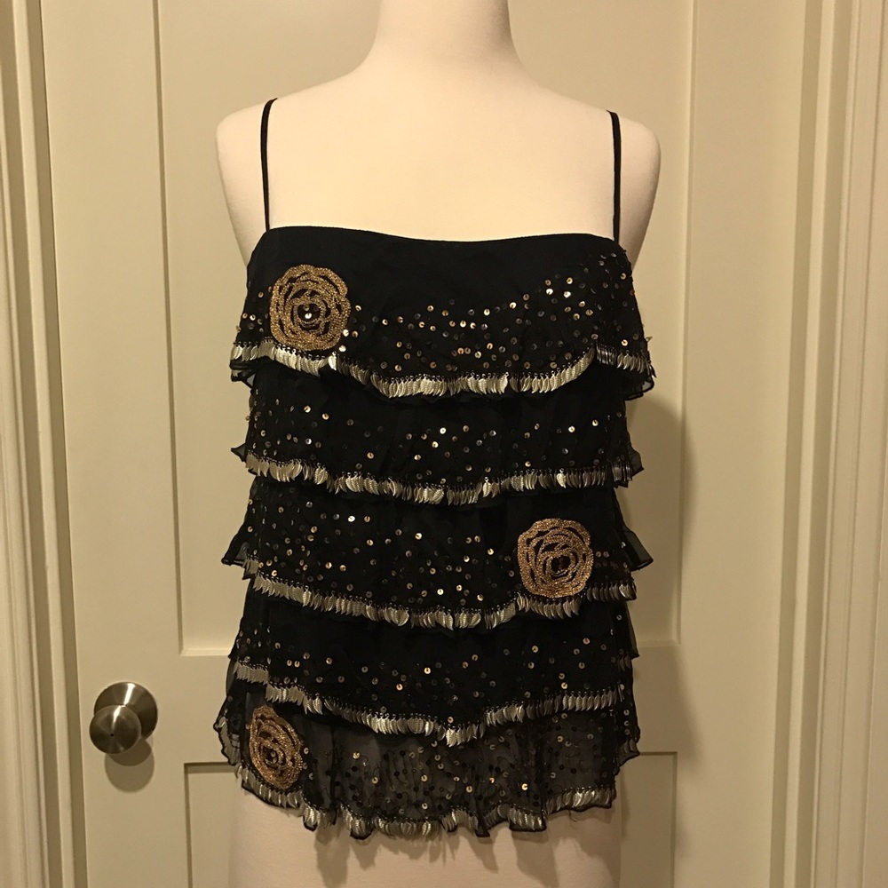 Ruffled Silk Marciano Tank w/ Sequin Detailing NWT