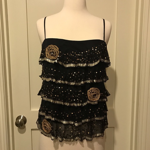 Ruffled Silk Marciano Tank w/ Sequin Detailing NWT - Picture 1 of 8