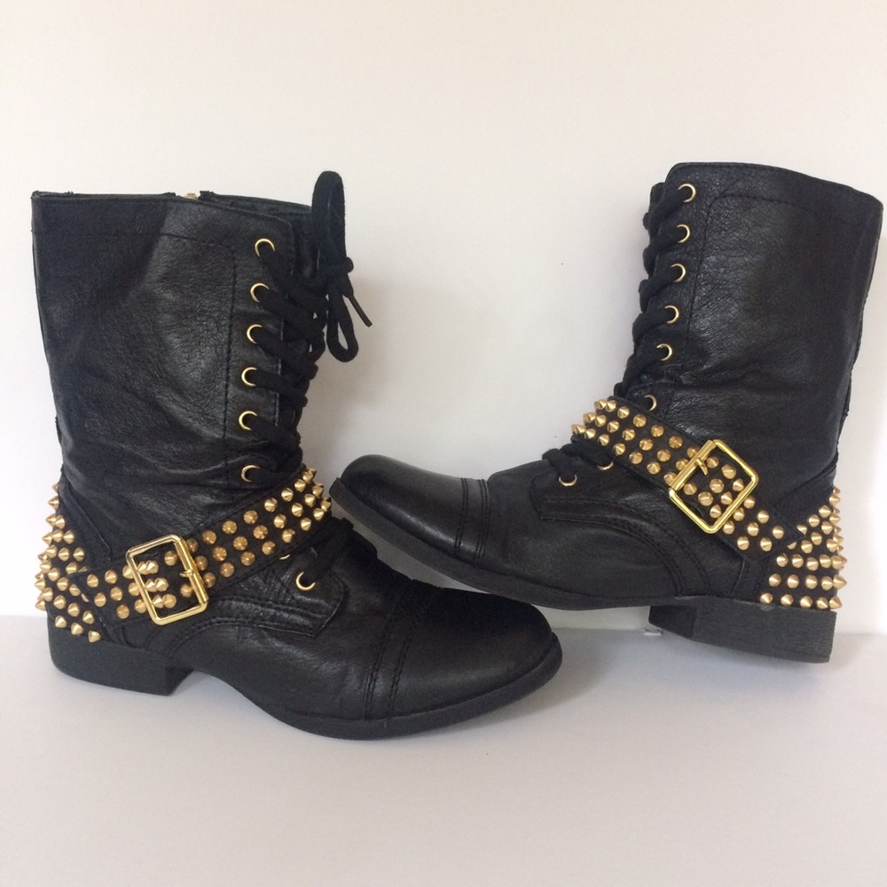 STEVE MADDEN STUDDED COMBAT BOOTS BLACK/GOLD sz 7