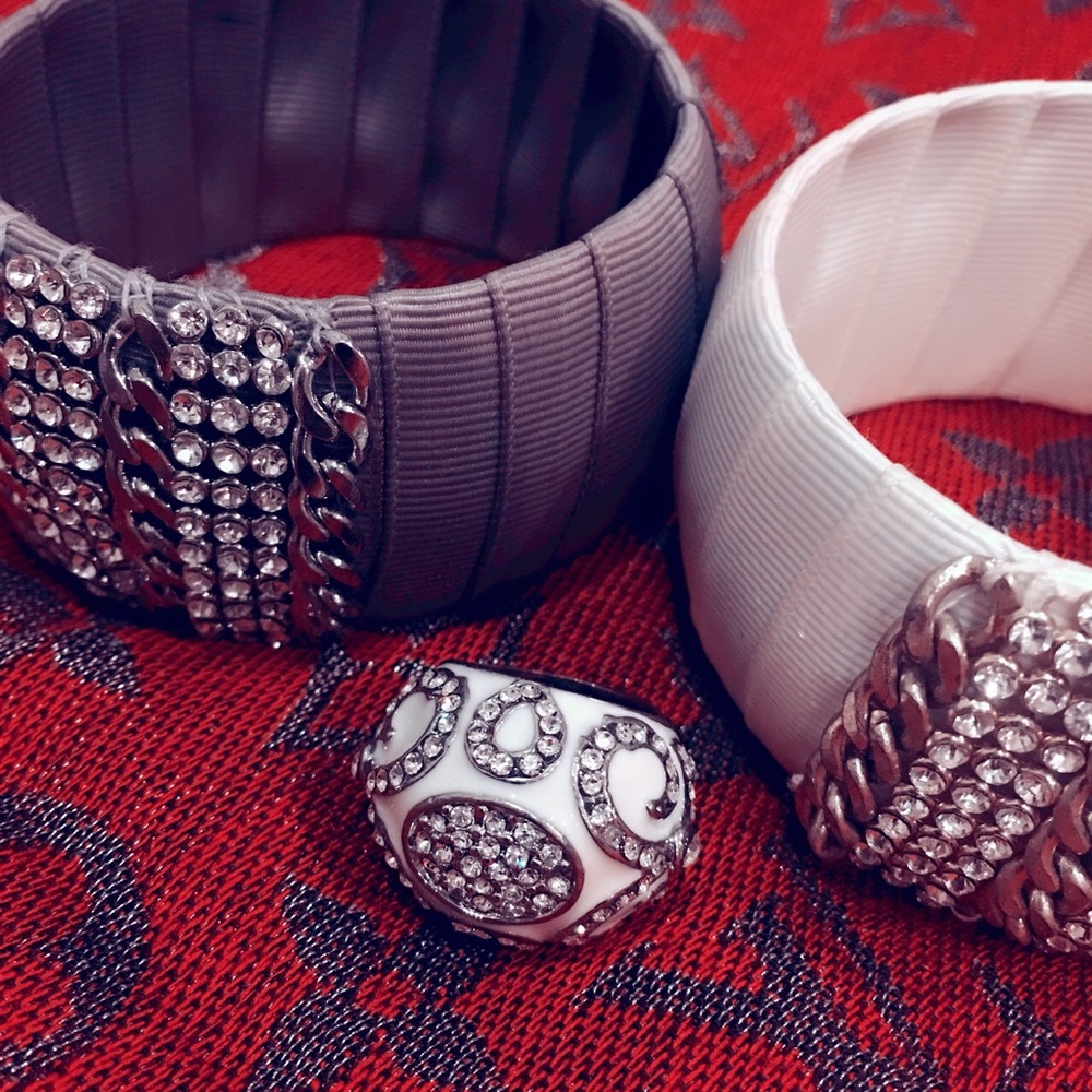 Ribbon wrapped chain & crystal encrusted bangle