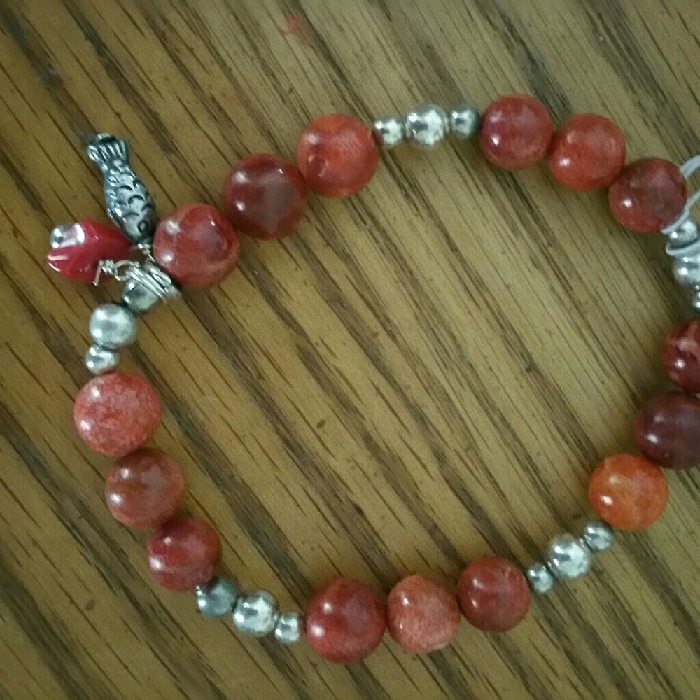 Red Coral & Sterling Silver  FISH CHARM BRACELET