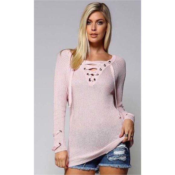 LAST ONE! Oversized Blush Lace Up Sweater Top - Picture 2 of 5