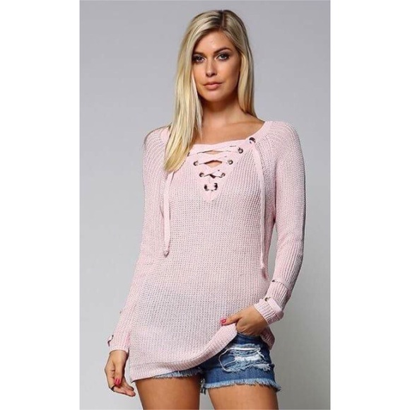 LAST ONE! Oversized Blush Lace Up Sweater Top - Picture 3 of 5