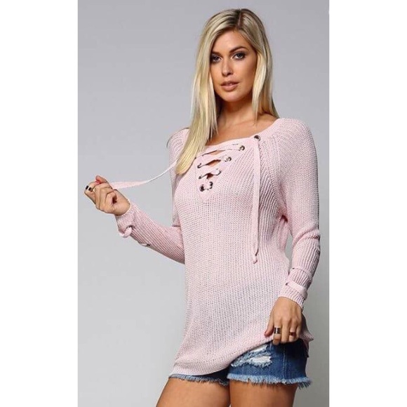 LAST ONE! Oversized Blush Lace Up Sweater Top - Picture 4 of 5