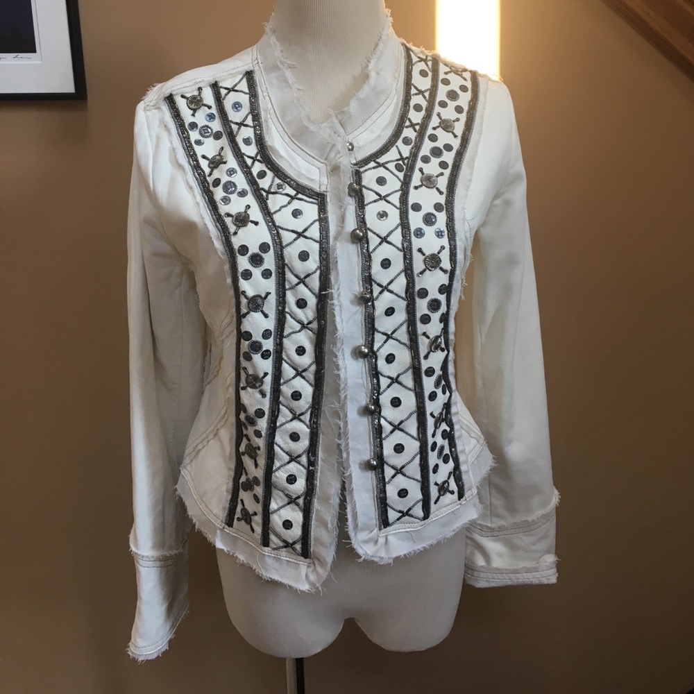 RAW White Leather Jacket w/Hammered Metal Trim S