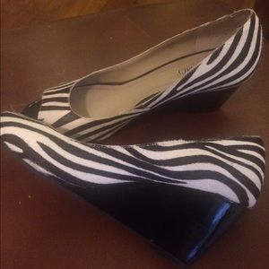 Leather peep toe wedge heels