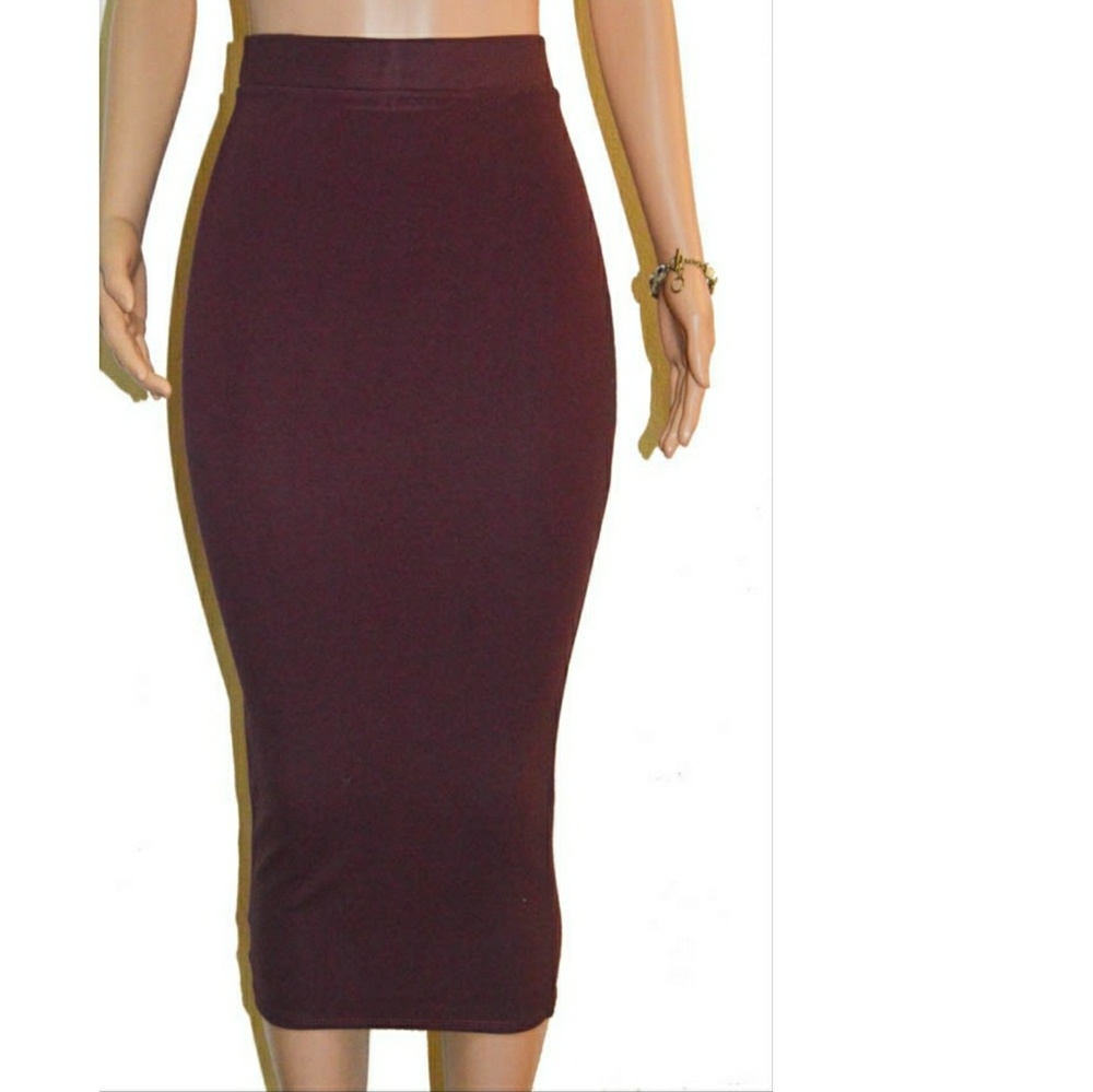 Burgundy Extra Long Midi Ponte Pencil Skirt