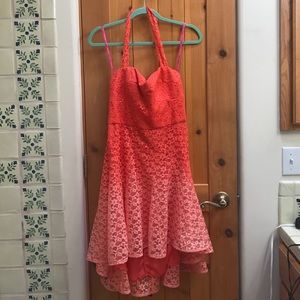 Betsy Johnson orange ombré lace high low dress