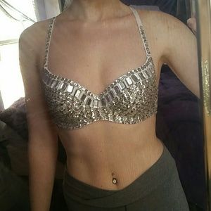 Jeweled and sequined silver bra