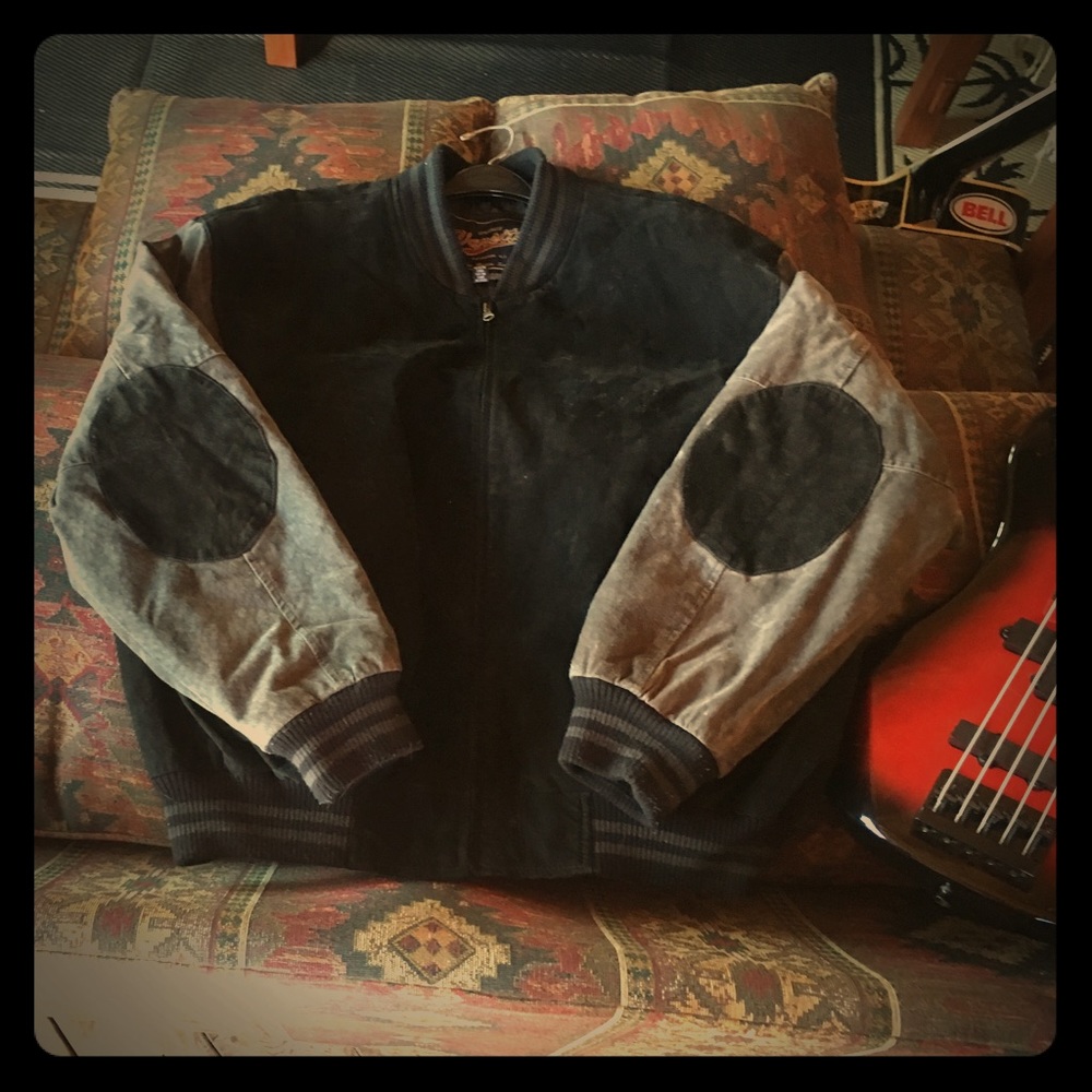 Black and grey suede bomber jacket.