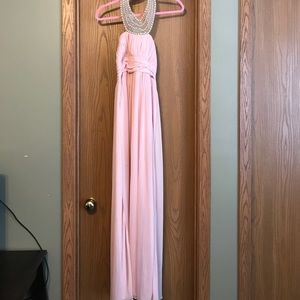 Long blush color mesh dress with pearl neckline.