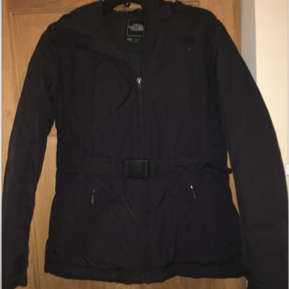 Womens black north face jacket with belt