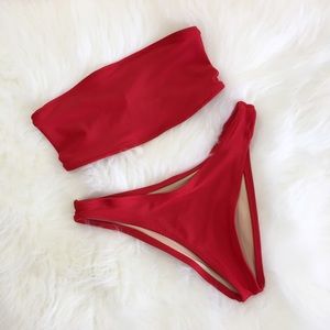 Red bandeau and high hip cut bottom