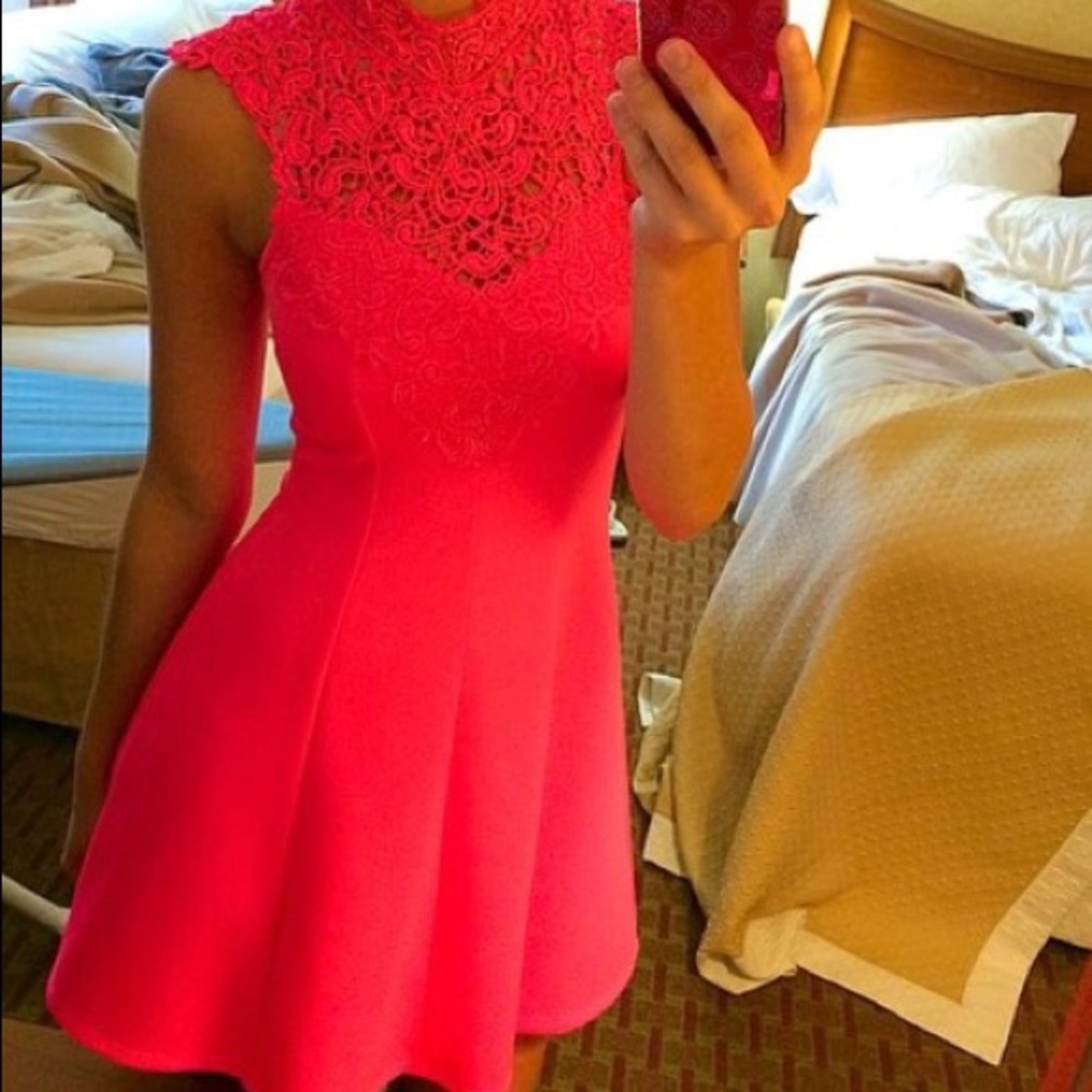 Hot pink lace midi dress