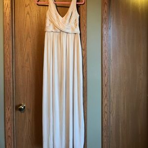 Long mesh Davids bridal cowl back bridesmaid dress