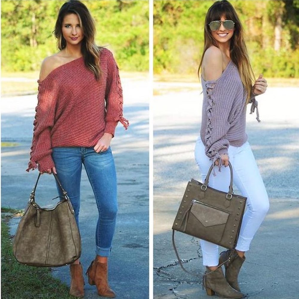 Lavender Off the Shoulder Lace Up Sweater