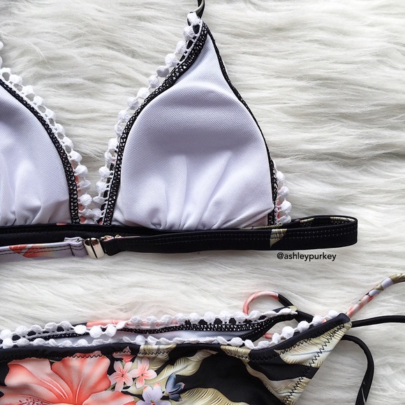 black and pink floral white pom pom bikini set - Picture 2 of 4