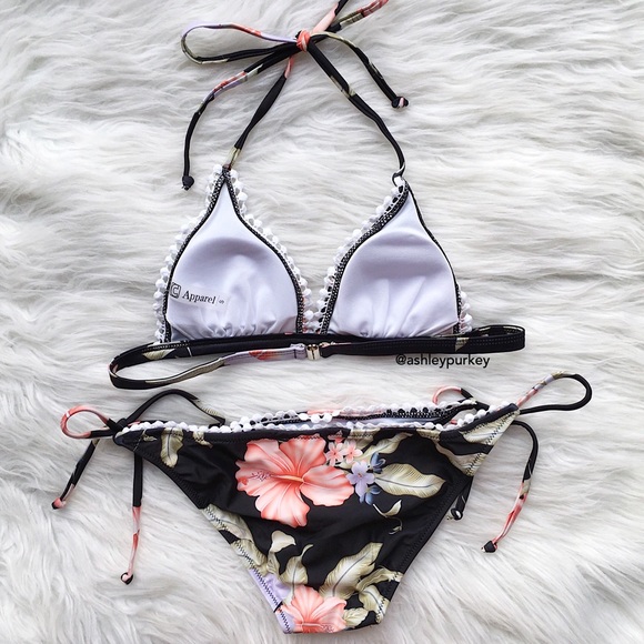 black and pink floral white pom pom bikini set - Picture 3 of 4