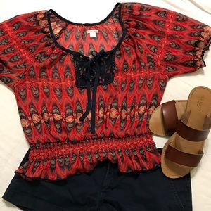 ** SOLD** Xhilaration red and blue,Bow lace neckline , sheer
