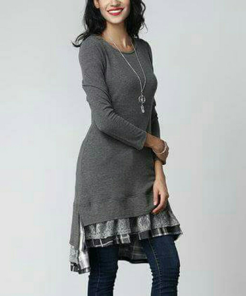 Charcoal lace layered split-hem tunic