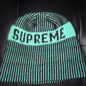 Supreme Beanie. Teal and black with stripes