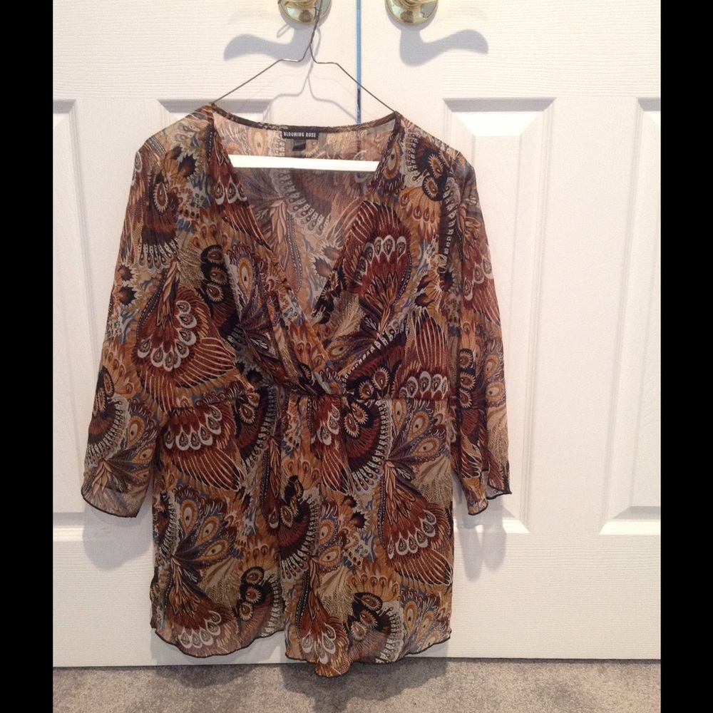Pretty peacock top in shades of brown/tan and teal