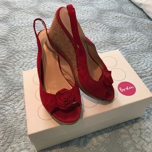 Boden red suede sling back open toe cork wedges