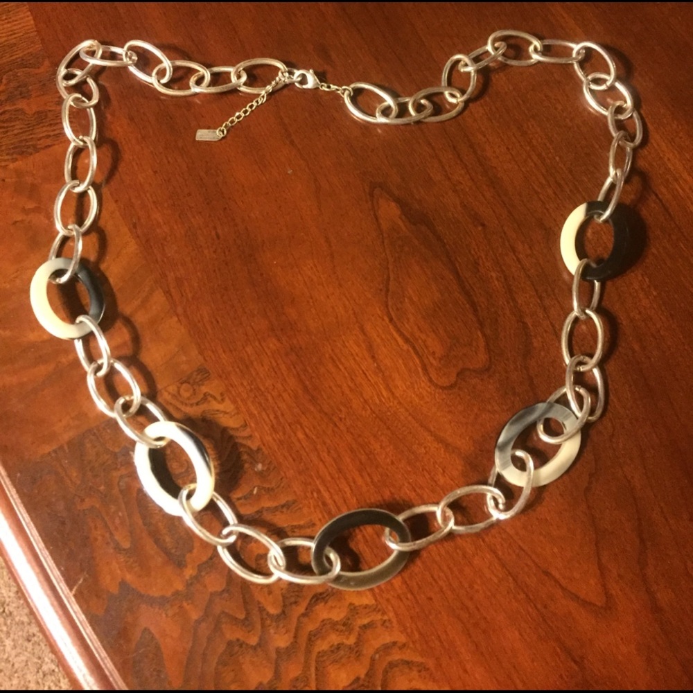 Long silver, black, and white necklace
