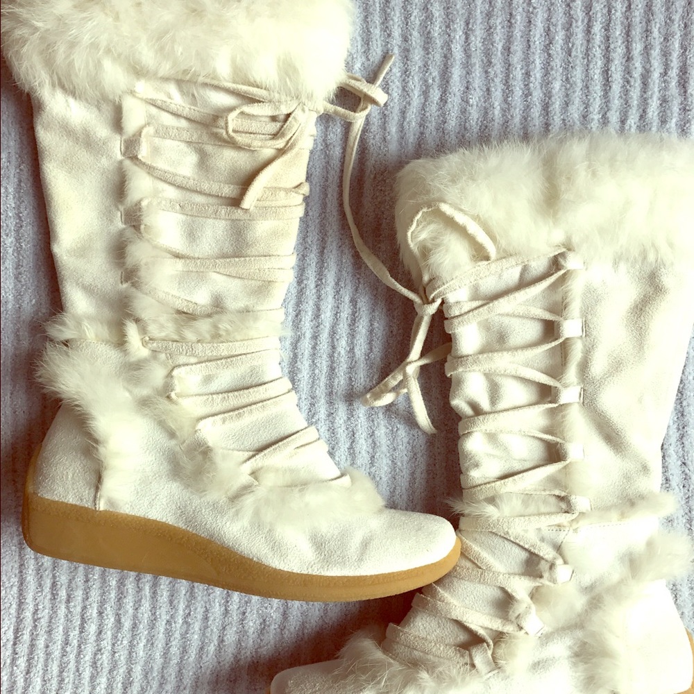White Suede and Rabbit Fur Boots